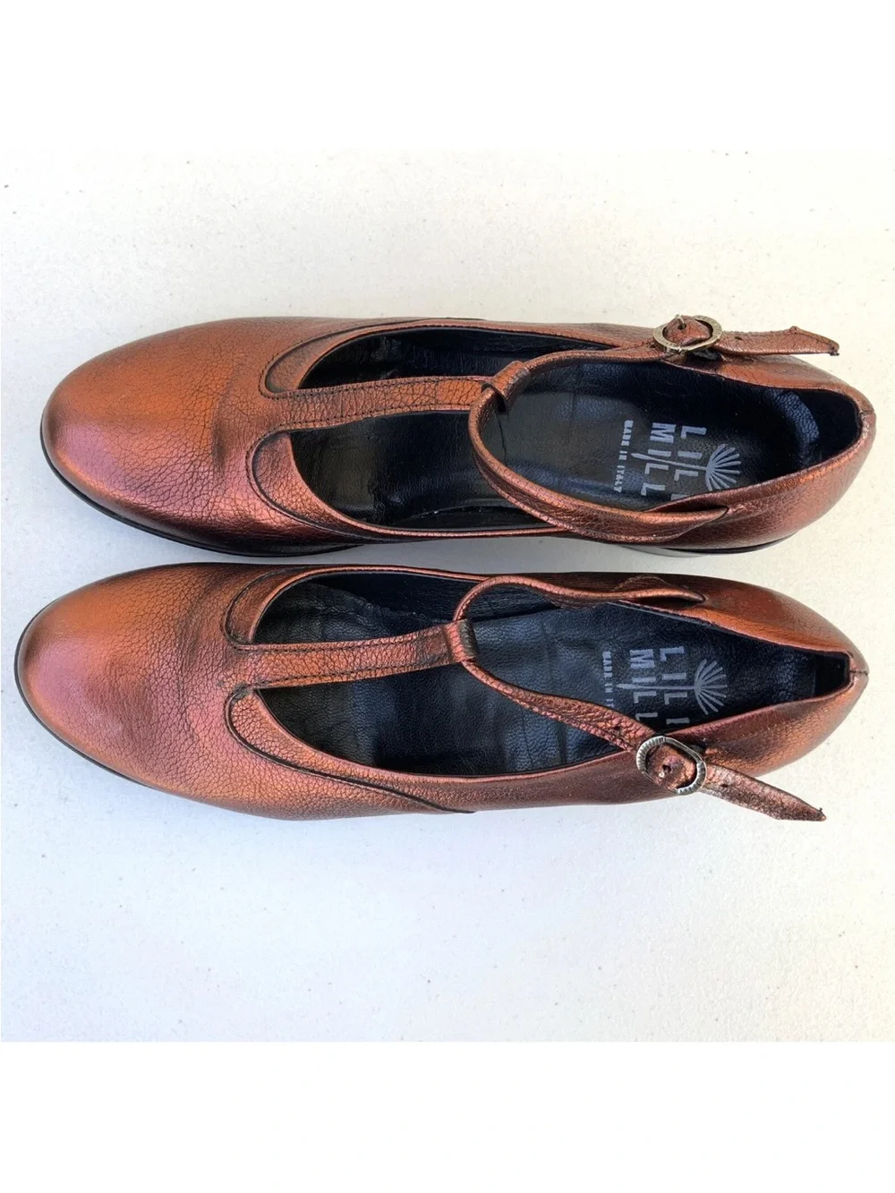 Lili Mill Women’s Bronze Metallic Leather T-Strap Mary Jane Heels EU 41 Italy